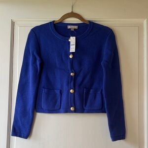NEW With Tag J. Crew Cobalt Blue Cropped Crewneck Cardigan with Gold Buttons